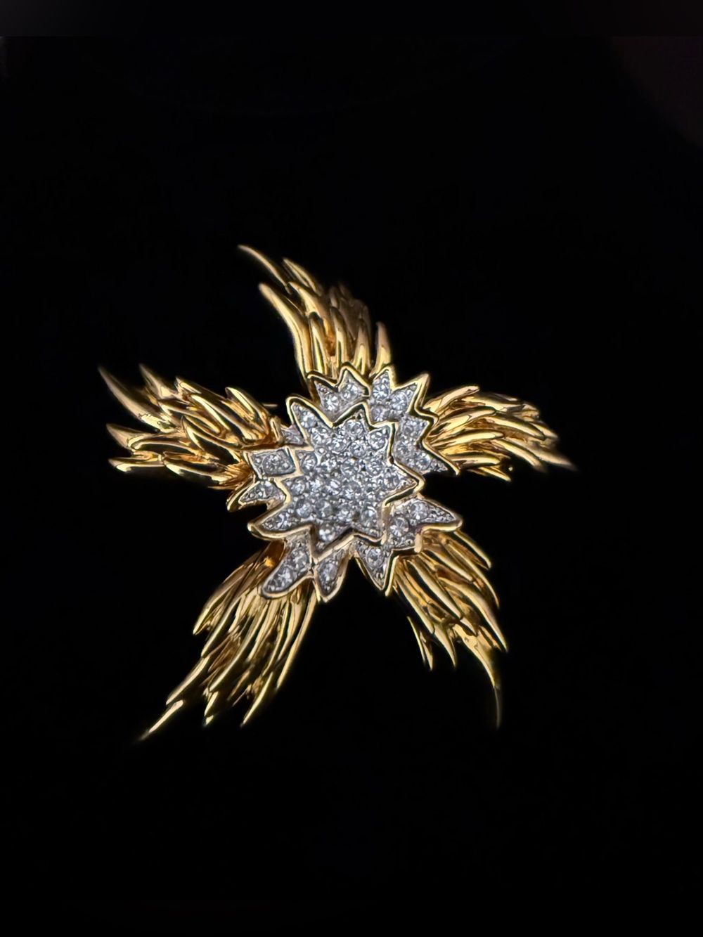 Dynamic Starburst Brooch of Flame Like Texture Gold Tone Metal & Paved Crystals.